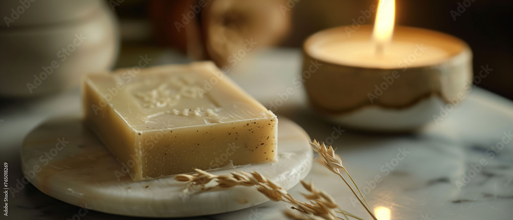 Handmade soap bars with natural ingredients on wooden surface with candle Handmade soap bars with natural ingredients on wooden surface with candle