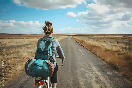 Active lifestyle: young woman with backpack cycling on road photo