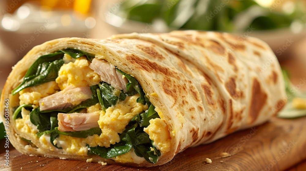 A healthy wrap with melted mozzarella and egg whites. Healthy cheese wrap with protein, turkey, fresh spinach and flatbread dough. A healthy wrap with melted mozzarella and egg whites. Healthy cheese wrap with protein, turkey, fresh spinach and flatbread dough.