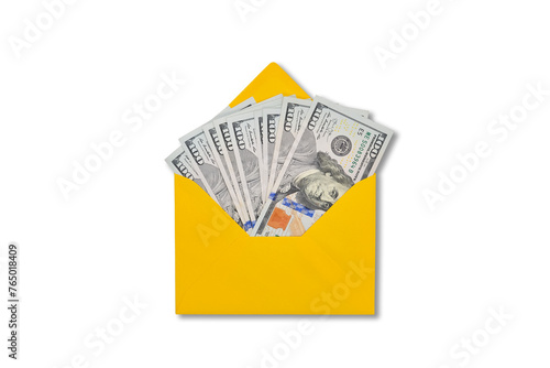 A yellow envelope full of one hundred dollar bills is isolated on a transparent background. Money in an envelope. Concept of bribe, dirty money, salary or profit