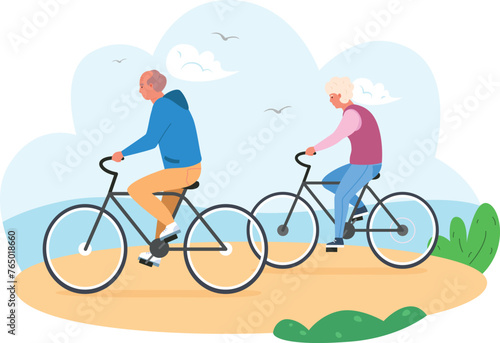 Senior couple riding bicycles outside. Summer activity