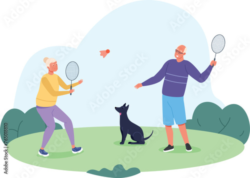 Happy senior couple play badminton outdoor illustration