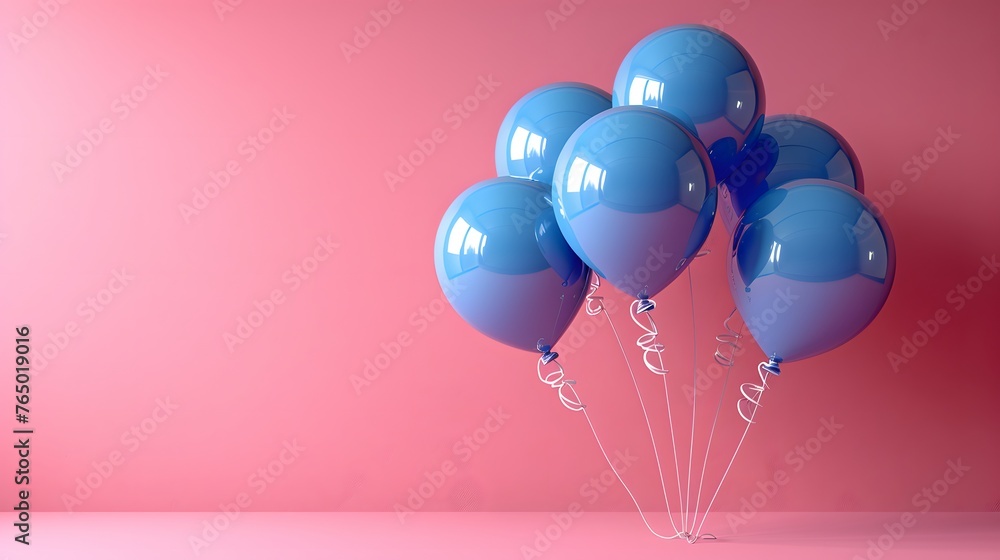 Blue balloons on a pastel pink background. 3d render illustration.