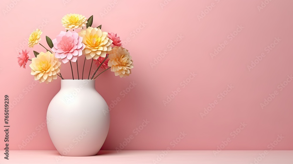 3D Flower, Vase of Colorful Spring Flowers on Light Pink Pastel Background. Copy Space for Mother's Day, Wedding, Valentine's Day, or Women's Day Banner or Poster