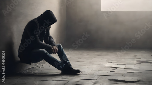 Silhouette of depressed man. Silhouette depressed man behaving sadly. Sad man suffering depression insomnia awake and sit alone on the bed in bedroom. AI generated image, ai.. photo
