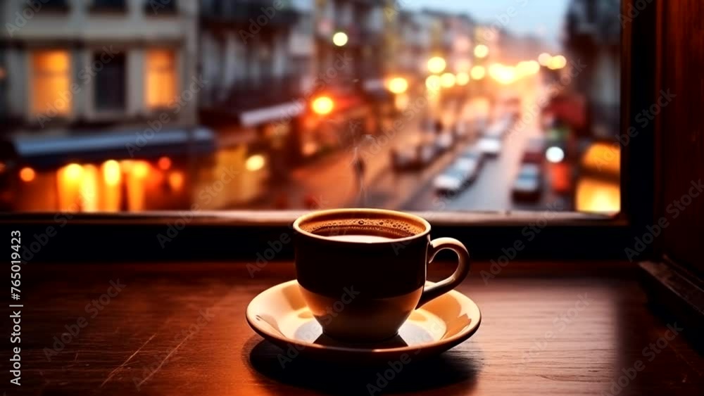 Coffee in the cafe window with twilight view. seamless looping 4k time-lapse video background Coffee in the cafe window with twilight view. seamless looping 4k time-lapse video background