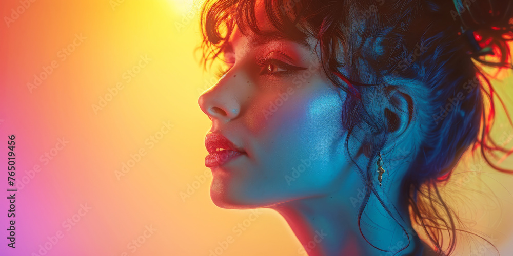 A contemplative woman's profile bathed in the hues of neon, reflecting inner thoughts, copy space pink & Yellow