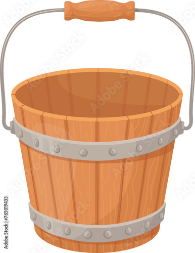 Empty wooden bucket cartoon icon. Rural farm