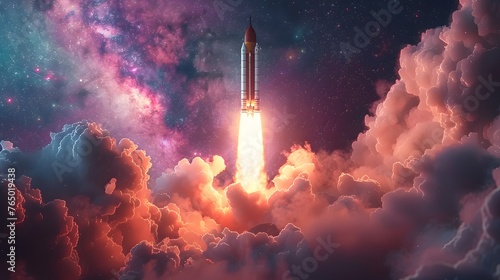 Technology development process. Space rocket launch. 3d render illustration