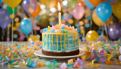Um bolo confeitado com uma vela palito acesa, sobre a mesa em ambiente decorado para festa de aniversário, com balões desfocados ao fundo. photo