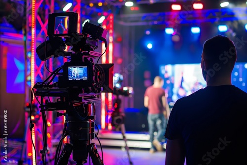 Video camera operator working with his equipment at indoor event, cameraman is filming an entertainment show