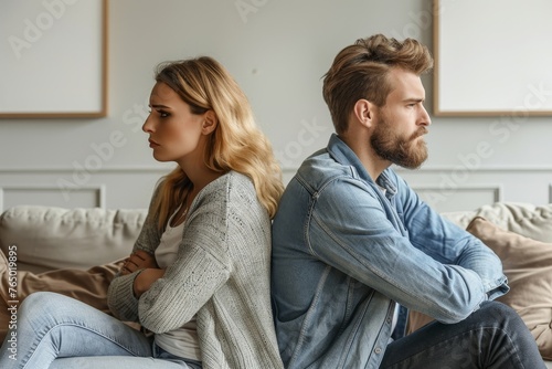 Disappointed couple sitting on sofa back to back, facing away from each other. Frustrated husband and wife feeling upset after argument and making decision of breaking up get, Generative AI