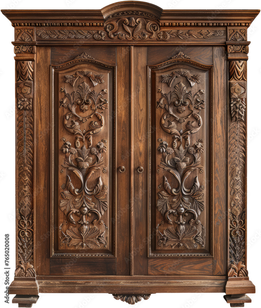 Antique wooden wardrobe with ornate details, cut out transparent