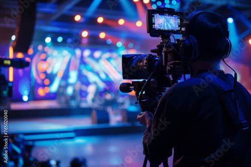 Video camera operator working with his equipment at indoor event, cameraman is filming an entertainment show