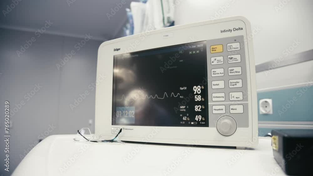 Heart rate monitor in surgery or hospital. Medical vital signs monitor instrument in hospital on anesthesia surgery monitor. ECG. Heart rate monitor in surgery or hospital. Medical vital signs monitor instrument in hospital on anesthesia surgery monitor. ECG.