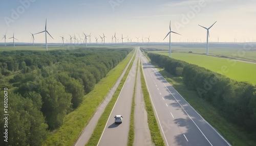 World wind day theme having wind turbines in large numbers in open landscape with running road and trees on the side of road