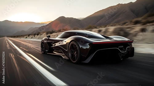 A futuristic hypercar concept, with aerodynamic design and sleek bodywork, racing on an open road in the desert. © HillTract