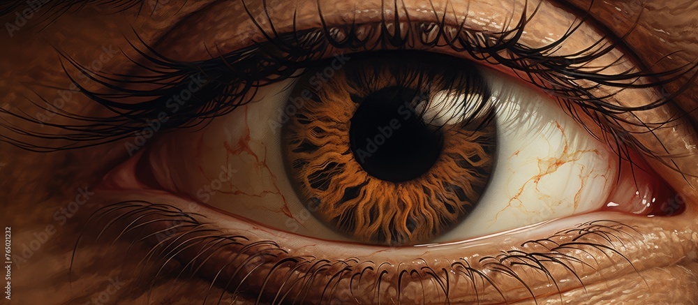 Capture of a singular eye displaying a brown iris with a distinctive black pupil and a noticeable red spot - obrazy, fototapety, plakaty 