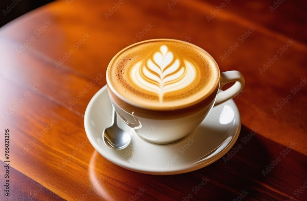 Coffee cup on the table. There is a foam pattern on the cappuccino. Coffee cup on the table. There is a foam pattern on the cappuccino.