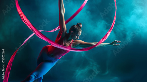 Acrobatic girl with ribbon.  photo
