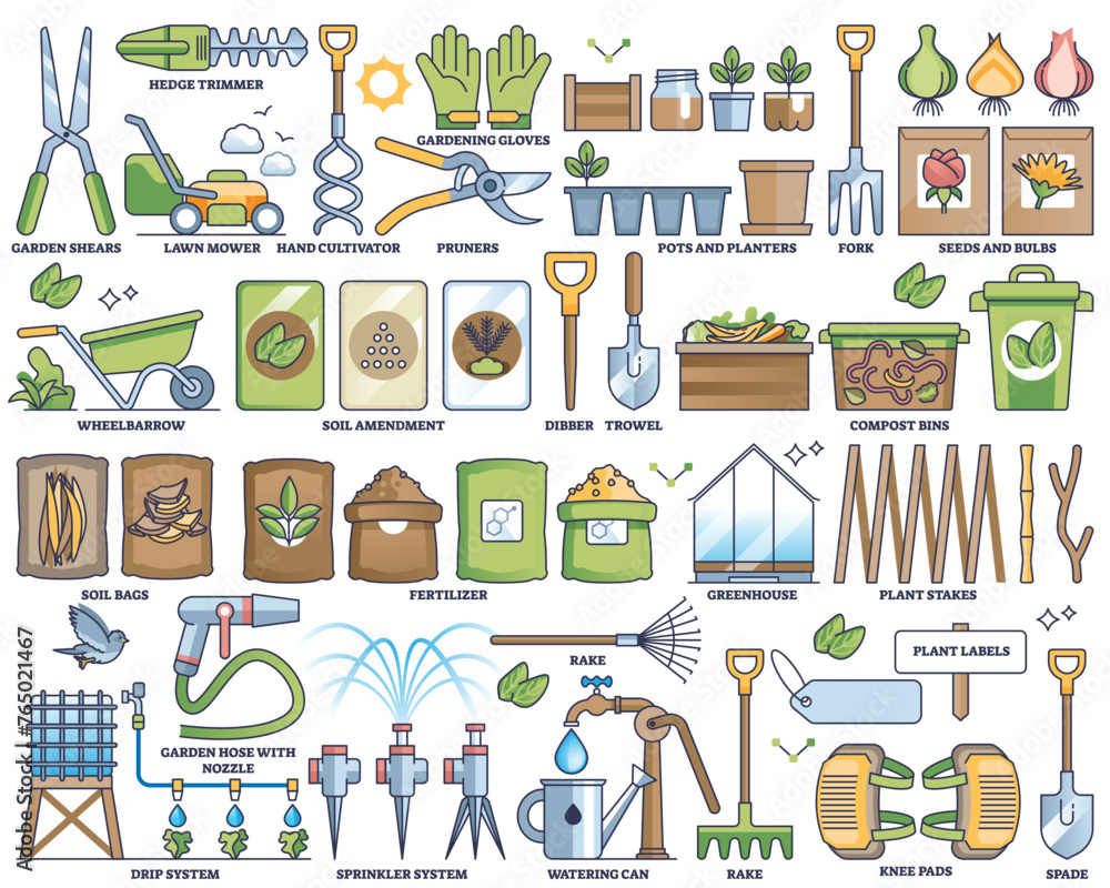 Fototapeta premium Basic gardening tools and agriculture essentials outline collection set. Labeled garden work elements for seedling, growing, watering or composting vector illustration. Sprinklers and fertilizers.