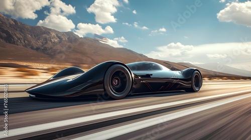 A futuristic hypercar concept, with aerodynamic design and sleek bodywork, racing on an open road in the desert. © HillTract