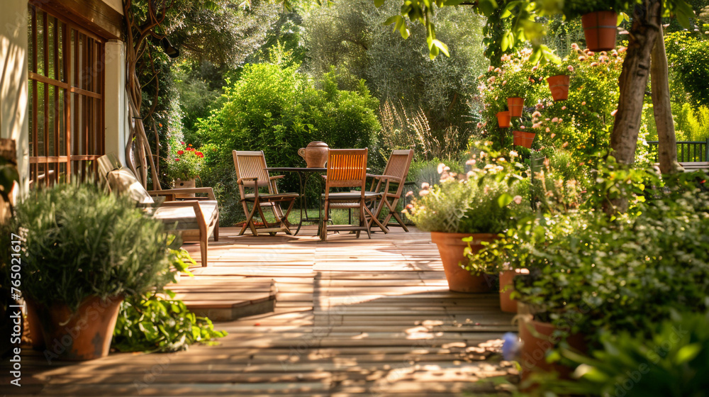 Beautiful wooden terrace with garden