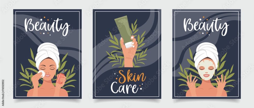 Obraz premium Set of flyers with woman, cosmetics, beauty products. Beauty, skin care, cosmetics, shower concept. Illustration for banner, card, advertising, poster. Vector