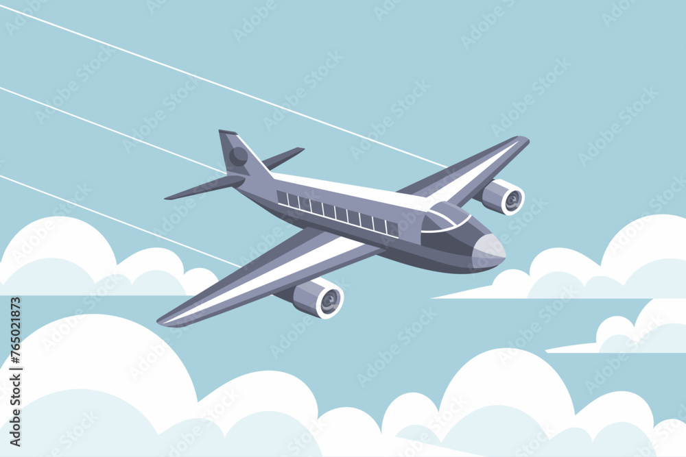 Obraz premium The plane flies in the sky between the clouds. Time for travel and vacation. Illustration, vector