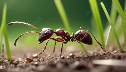 Tiny ant legs can be seen gripping the ground as it carries a blade of grass. © Zulfi_Art
