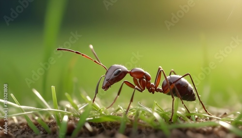 Tiny ant legs can be seen gripping the ground as it carries a blade of grass. © Zulfi_Art