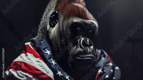 Gorilla, monkey, ape Frightful animal wearing American flag , Ai generated image