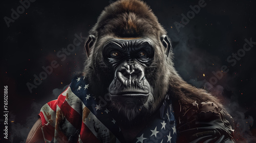Gorilla, monkey, ape Frightful animal wearing American flag , Ai generated image © Trendy Motion