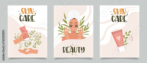Set of flyers with woman  cosmetics  beauty products. Beauty  skin care  cosmetics  shower concept. Illustration for banner  card  advertising  poster. Vector