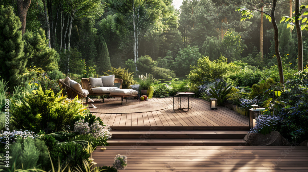 Beautiful wooden terrace with garden Beautiful wooden terrace with garden