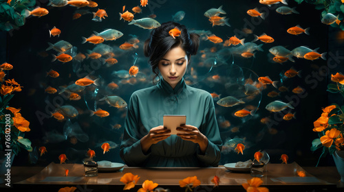 a woman sits at the desk with a cell phone and fish swim around the room, fantastic, surrealism