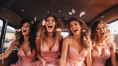 young women have a bachelorette party in a stretch limousine, they have fun and laugh