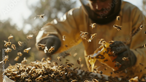 beekeeper harvesting honey.