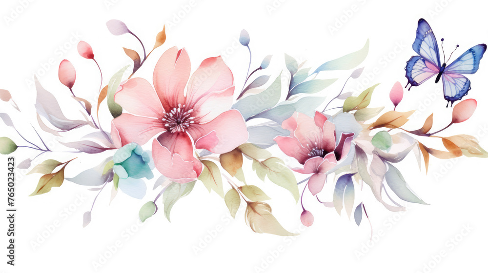 Watercolor floral seamless pattern with colorful wildflowers, tree branch, leaves, plants and flying butterflies, isolated on white. Panoramic horizontal isolated illustration. Garden background