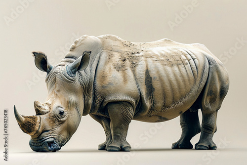 a rhinoceros, captured in a photographically detailed portrait style, stands still. the light beige and black colors highlight its majestic presence. the use of time-lapse photography adds a dynamic 