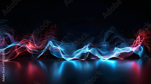 Glowing neon wave lines on abstract background with bokeh lights data transfer concept