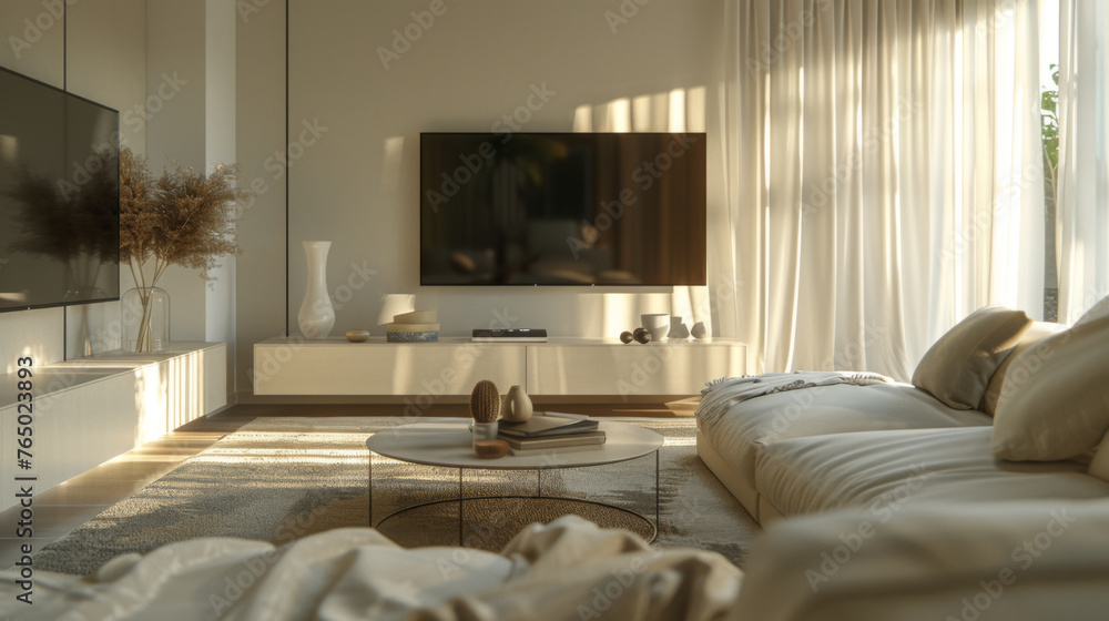 Fototapeta premium A stylish minimalist living room with sunlight streaming through sheer curtains, creating a warm and inviting space.