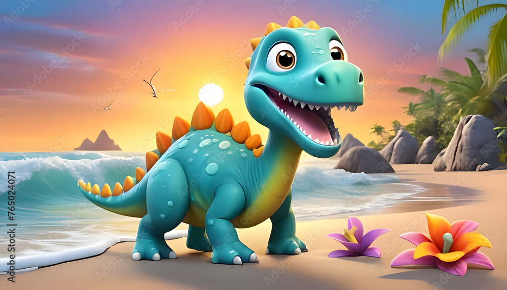 Naklejka premium 3d cartoon character illustration of a baby dinosaur in a winter sea beach, sun, jungle, flower with a playful expression. Ai generate