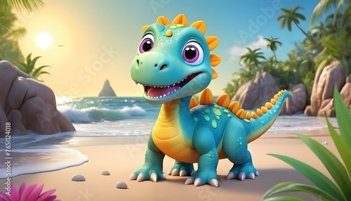 Fototapeta Naklejka Na Ścianę i Meble -  3d cartoon character illustration of a baby dinosaur in a winter sea beach, sun, jungle, flower with a playful expression. Ai generate