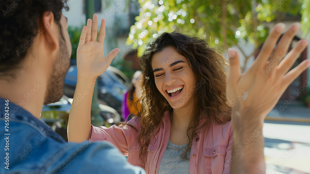 Obraz premium Laughing latin american female young adult giving high five to hispanic friend