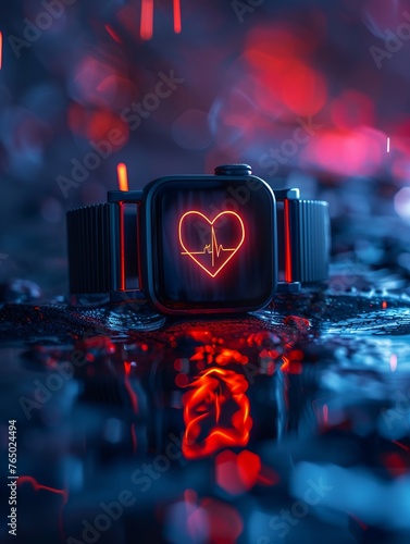 Heart rate monitor neon line, straighton view, minimalist, black background photo