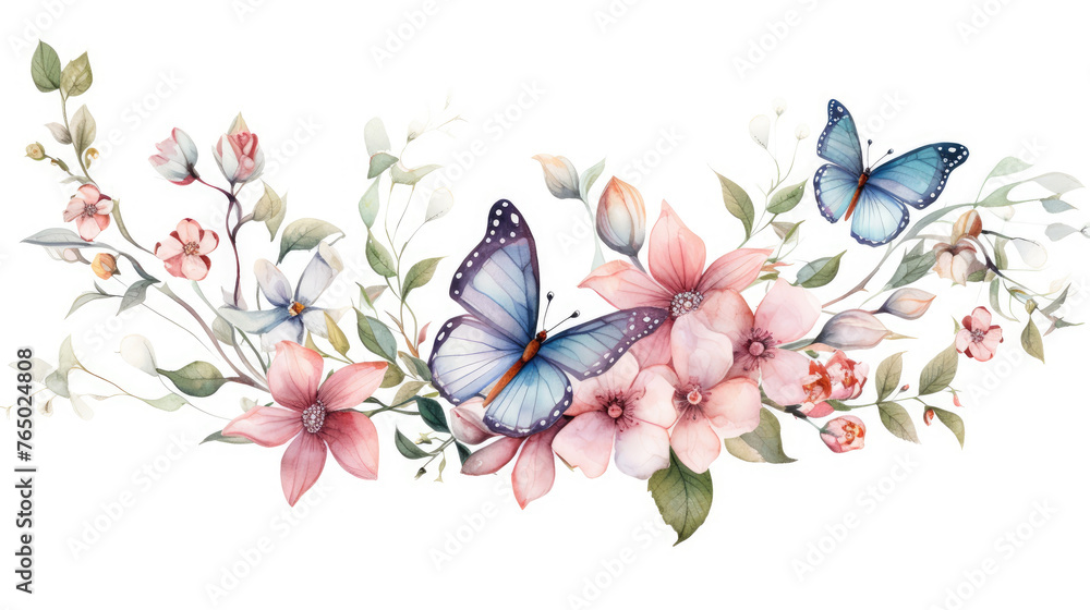 Watercolor floral seamless pattern with colorful wildflowers, tree branch, leaves, plants and flying butterflies, isolated on white. Panoramic horizontal isolated illustration. Garden background