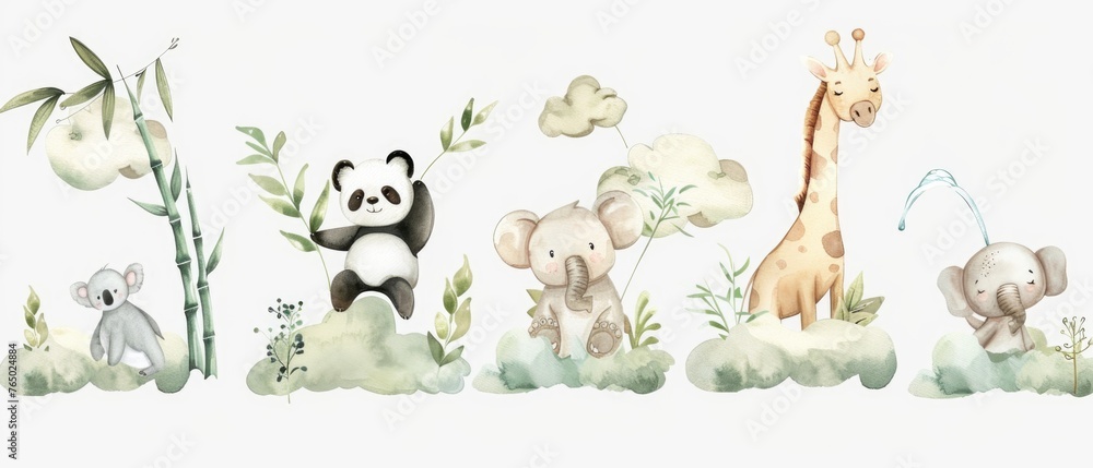 Obraz premium Dreamy watercolor clipart set presenting a serene panda in a bamboo grove, a sloth in a leisurely stretch, a giraffe with a long neck among clouds, a koala enjoying eucalyptus dreams, and an elephant 