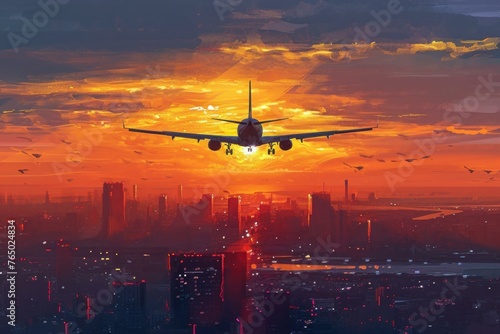 Tranquil Aeroplane flying sunset. Motor air jet. Generate AI