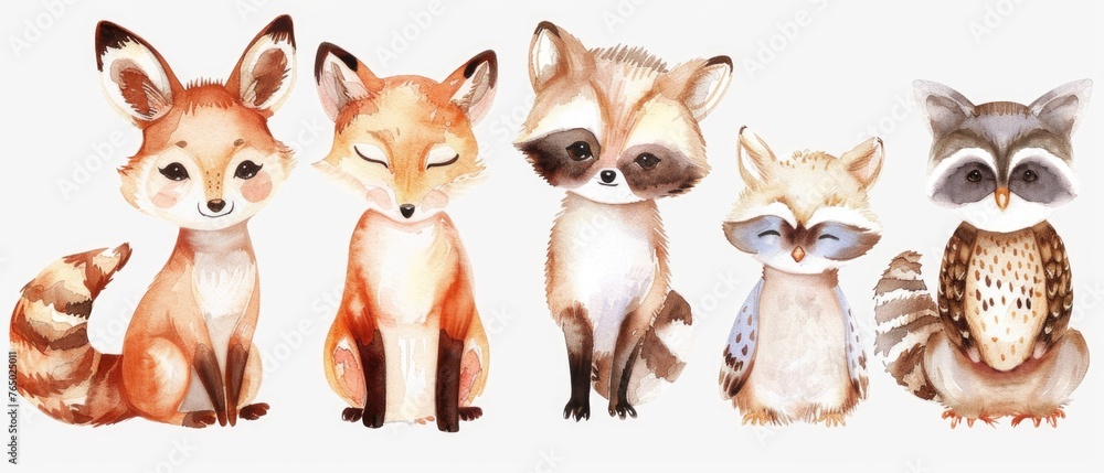 Heartwarming collection of watercolor baby animals clipart, showcasing the innocence of a fox, deer, raccoon, and owl, each radiant with life, against white.